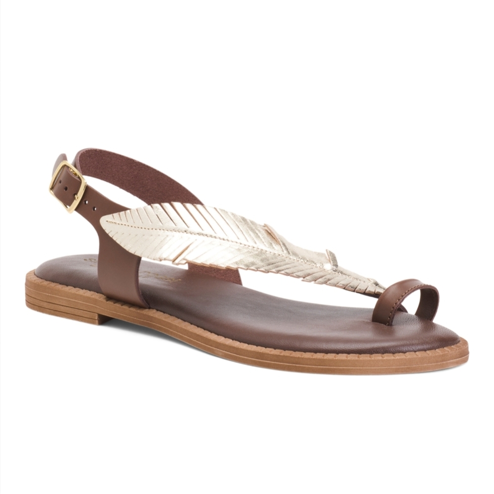 Simona Rossi Brown Leather Sandals With Feather Detail Made In ITALY New In Box